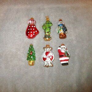Set Of 6 MERCURY Blown GLASS Ornaments CACTUS Santa TREE Snowman VINTAGE 70s